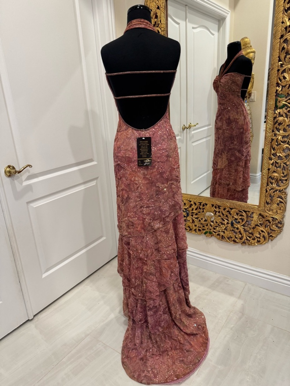 Sparkling hand beaded, layered skirt Mauve Halter Maxi Dress stretch fabric - Picture 11 of 16